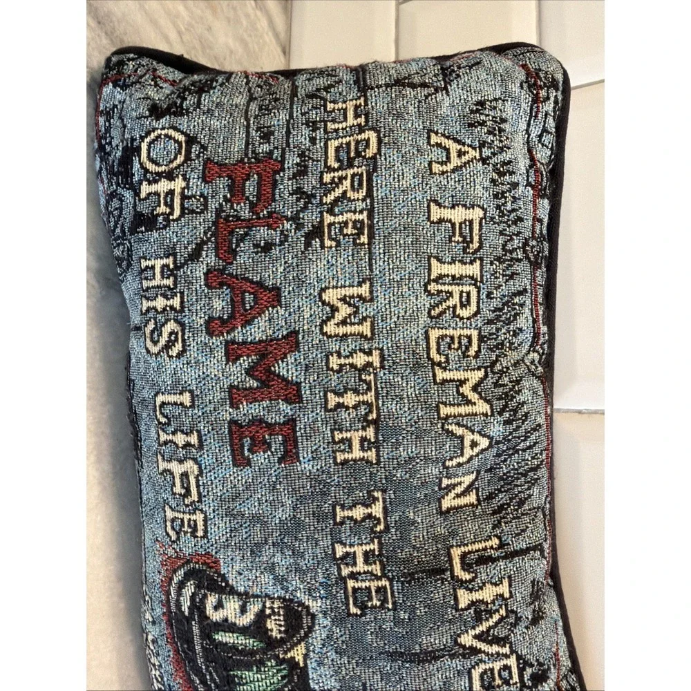Vtg SA‎ Maxwell Tapestry Pillow A Fireman Lives Here With The Flame Of His Life